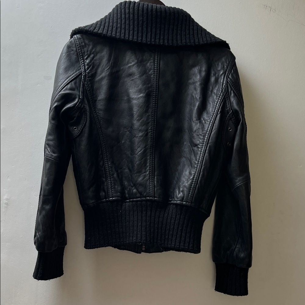 MICHAEL Michael Kors Black Leather Bomber Jacket Ribbed Knit Trim Size M - Picture 2 of 9